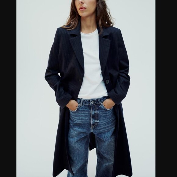 ZARA NEW SHOULDER PAD PINSTRIPE COAT Navy blue | 2171/533 size L - Picture 1 of 6